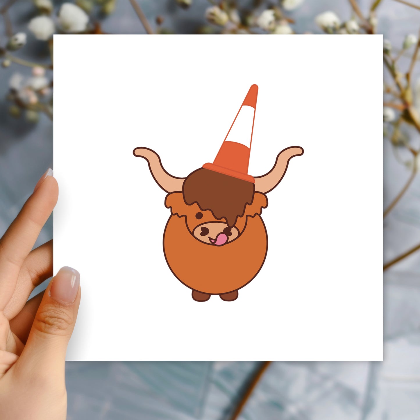 Cute Highland Cow With Traffic Cone Card, Scottish Card