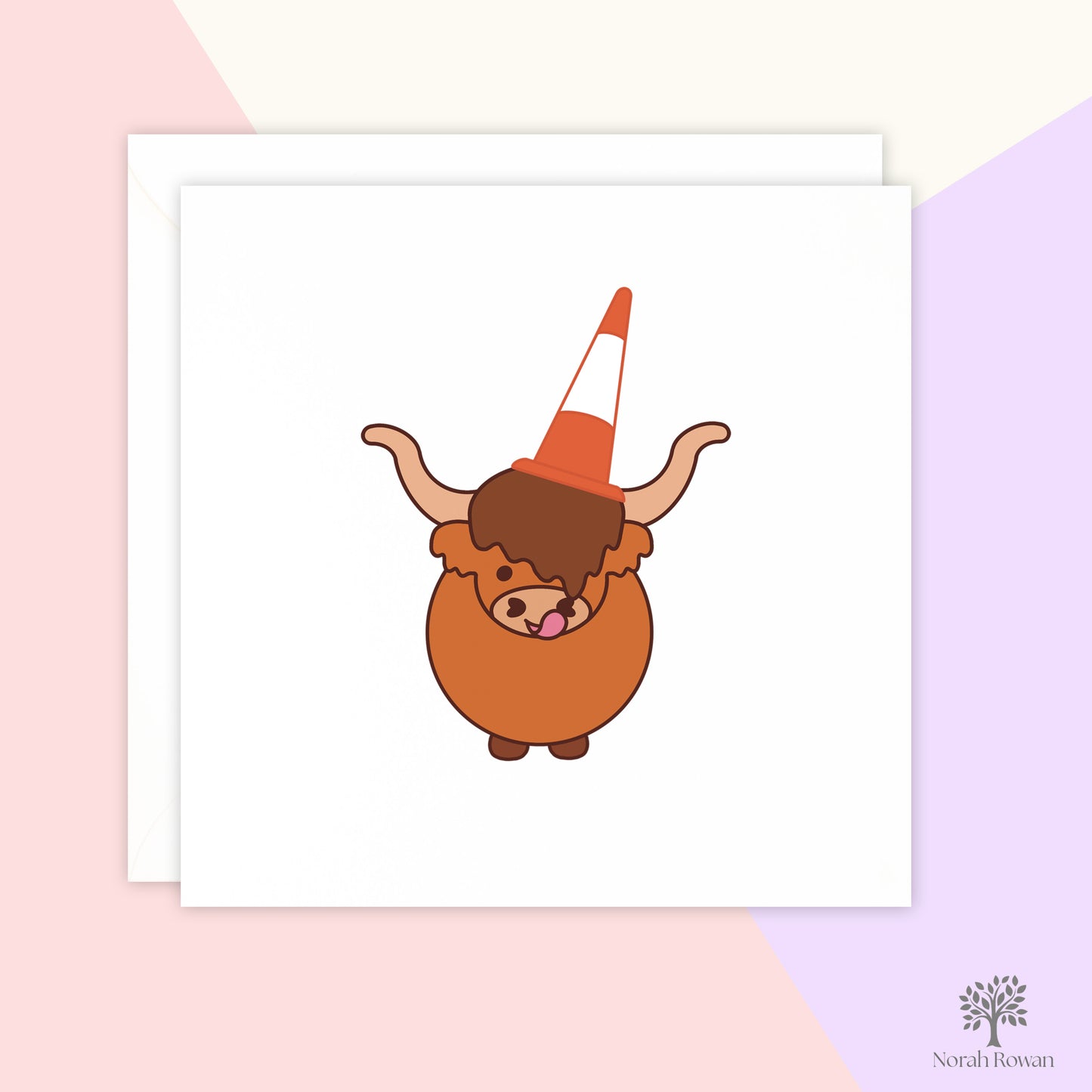 Cute Highland Cow With Traffic Cone Card, Scottish Card